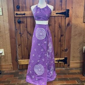 Vintage Handmade Batik Halter Top and Maxi Skirt Set Boho Hippie Festival Gypsy